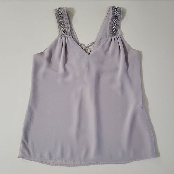 BKE Women's Silvery Grey Embellished Chiffon Lined Lace-up Tank Blouse - Picture 16 of 16